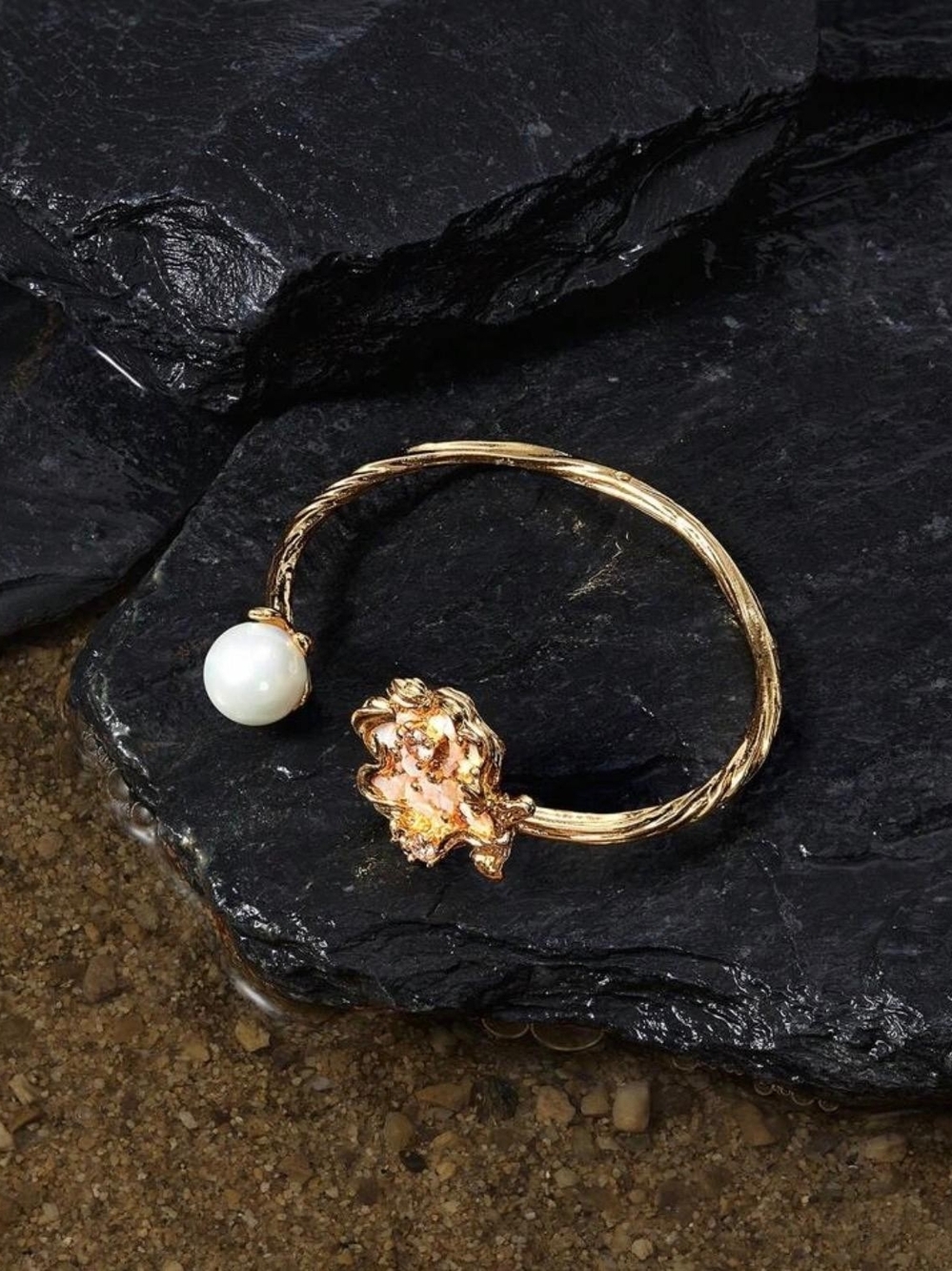 Gold Open Cuff Bracelet with White Pearl & Floral Accent - Picture 4 of 6